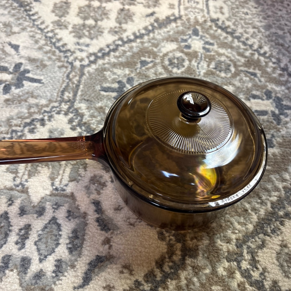 Vintage Corning Vision Amber Glass 1.5L Saucepan w Pyrex Lid USA